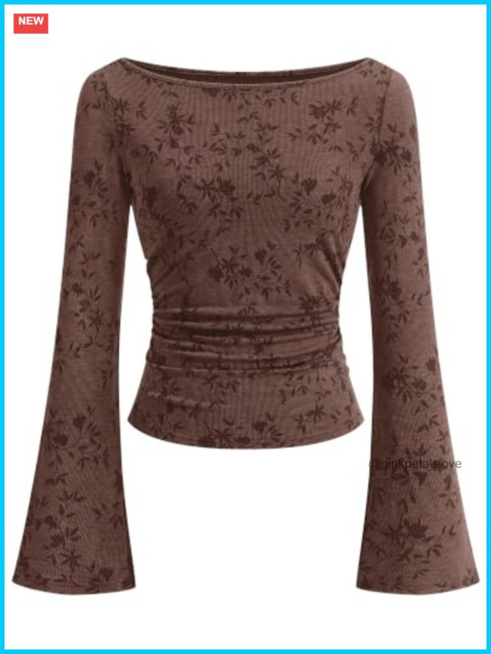 Ribbed Knit Floral Boat Neck Bell Sleeve Top Long Sleeve Slim Fit Womens